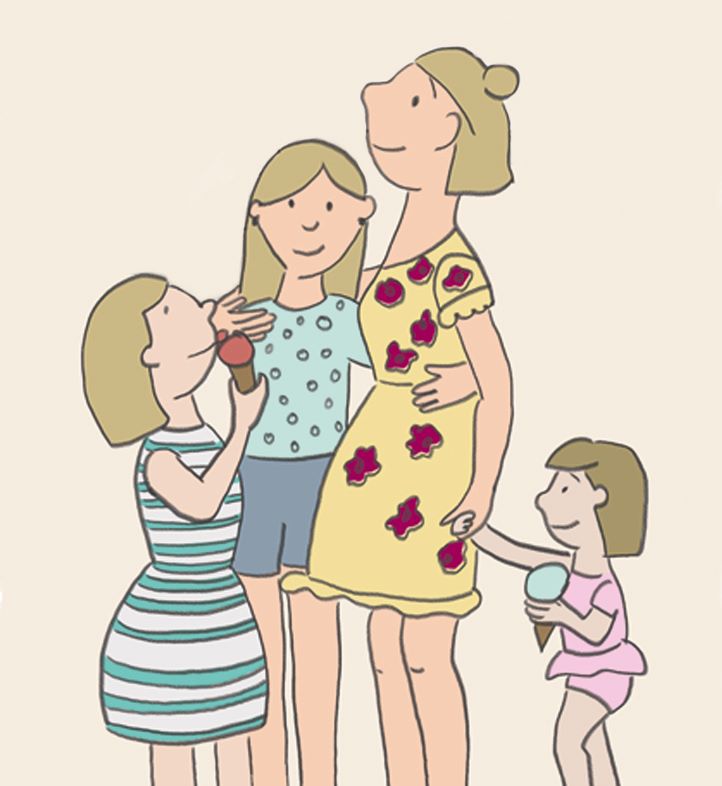 Ann Rose Illustration aus Wimmelbuch Kleinmachnow, zeigt die Illustratorin und ihre Kinder