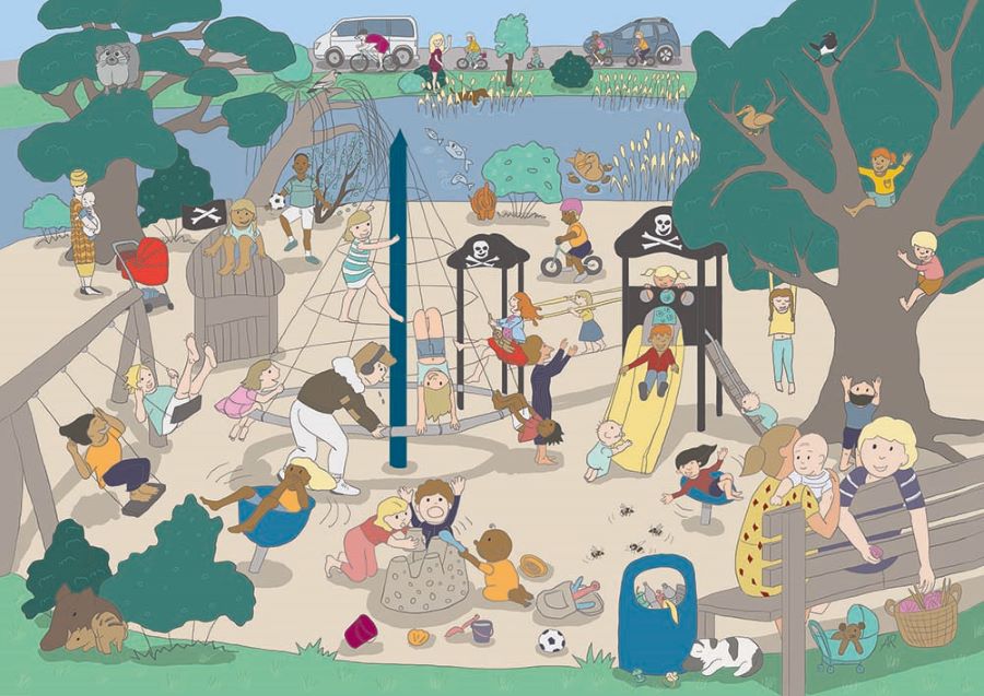 Piratenspielplatz am Düppel in Kleinmachnow, Illustration von Ann Rose